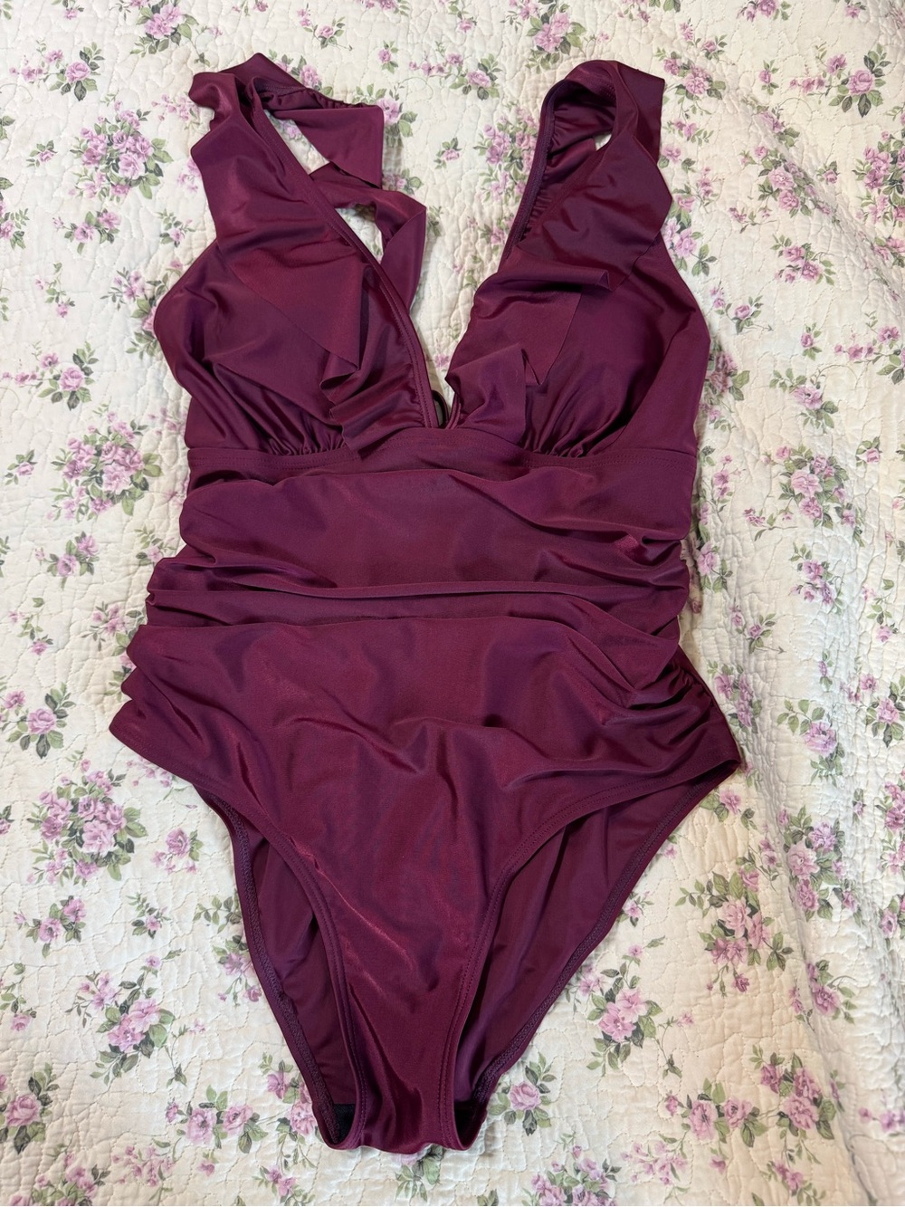 Plum V-Neck One-Piece Swimsuit with Flattering Ruching